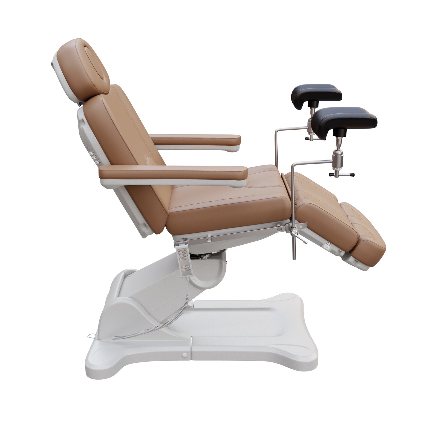 Spa Numa OB-GYN electric swivel treatment chair with adjustable backrest, leg rest, 240-degree rotation, surgical-grade stainless steel stirrups, and removable armrests for medical and esthetic use.