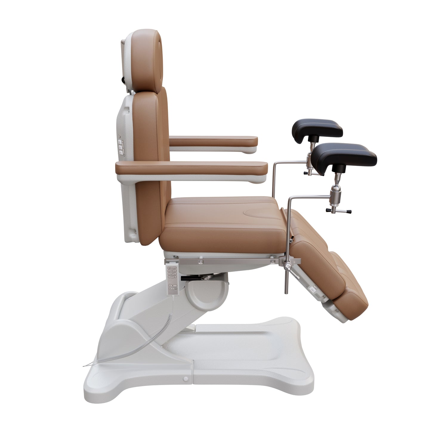 Spa Numa OB-GYN electric swivel treatment chair with adjustable backrest, leg rest, 240-degree rotation, surgical-grade stainless steel stirrups, and removable armrests for medical and esthetic use.