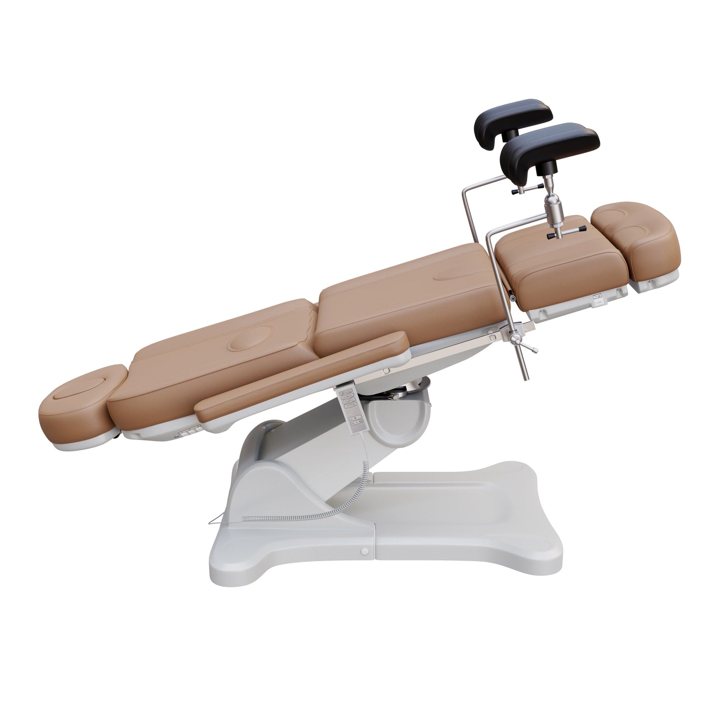 Spa Numa OB-GYN electric swivel treatment chair with adjustable backrest, leg rest, 240-degree rotation, surgical-grade stainless steel stirrups, and removable armrests for medical and esthetic use.