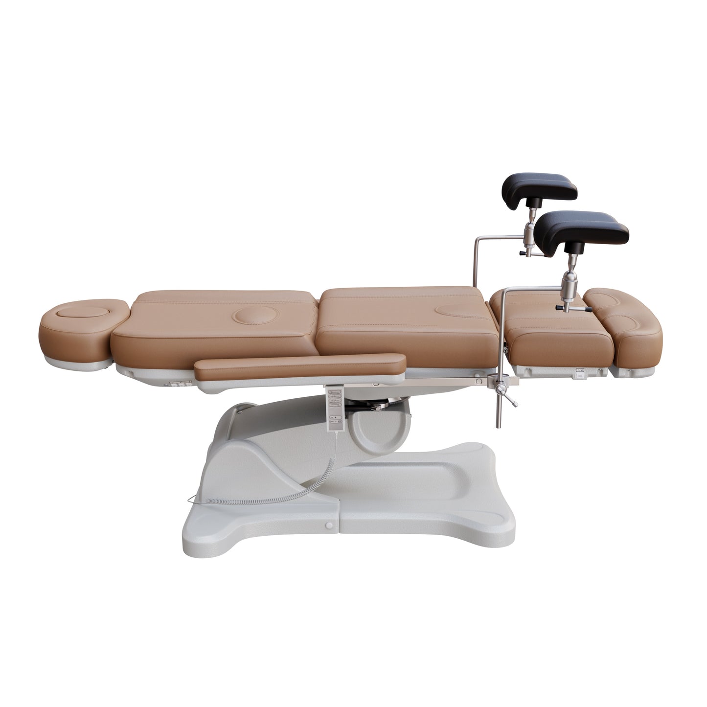 Spa Numa OB-GYN electric swivel treatment chair with adjustable backrest, leg rest, 240-degree rotation, surgical-grade stainless steel stirrups, and removable armrests for medical and esthetic use.