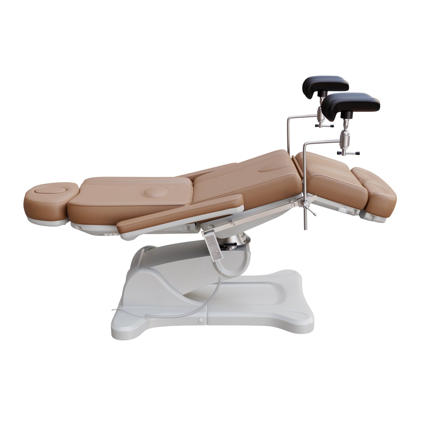 Spa Numa OB-GYN electric swivel treatment chair with adjustable backrest, leg rest, 240-degree rotation, surgical-grade stainless steel stirrups, and removable armrests for medical and esthetic use.