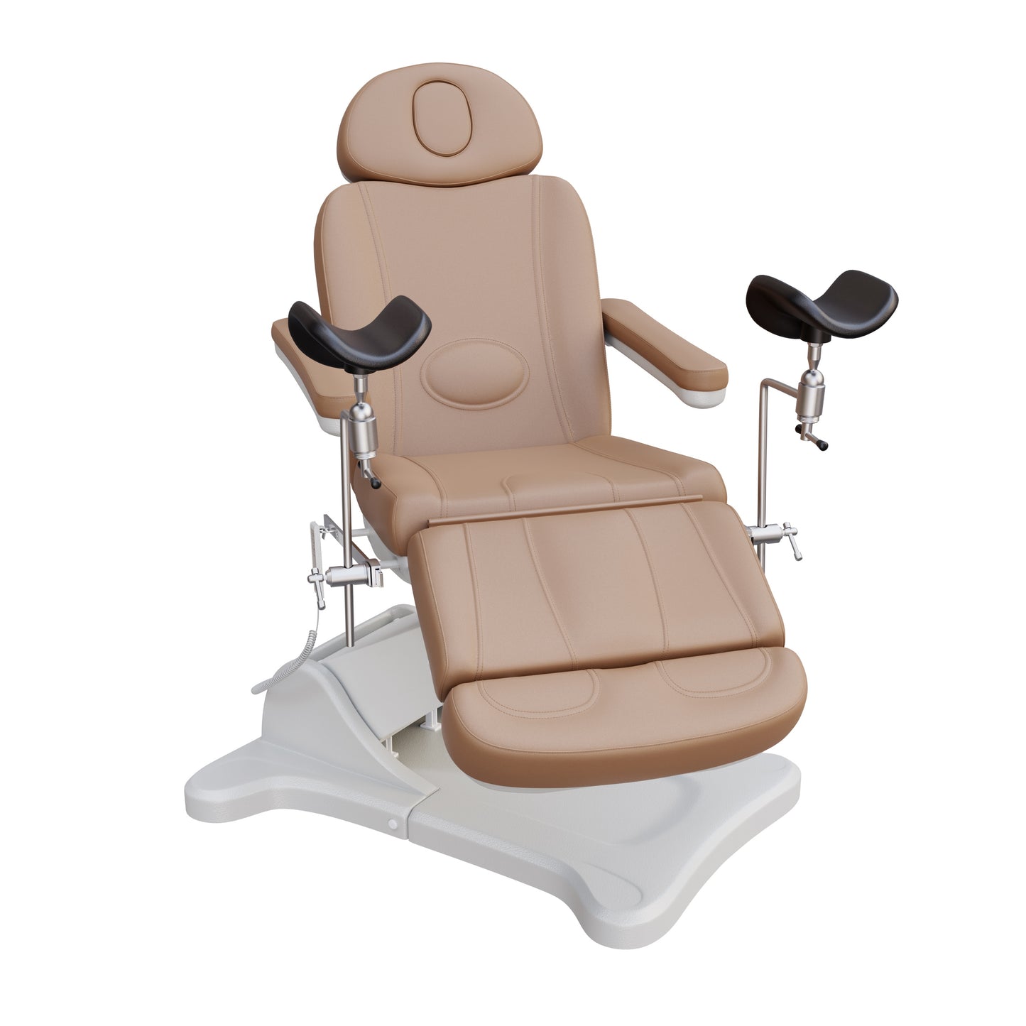 Spa Numa OB-GYN electric swivel treatment chair with adjustable backrest, leg rest, 240-degree rotation, surgical-grade stainless steel stirrups, and removable armrests for medical and esthetic use.