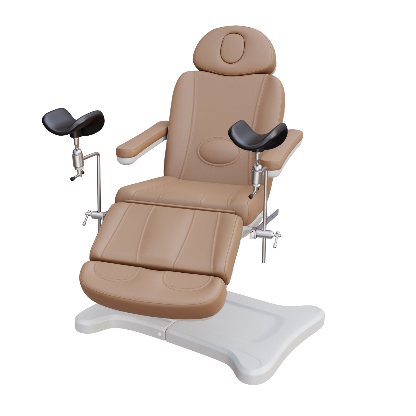 Spa Numa OB-GYN electric swivel treatment chair with adjustable backrest, leg rest, 240-degree rotation, surgical-grade stainless steel stirrups, and removable armrests for medical and esthetic use.