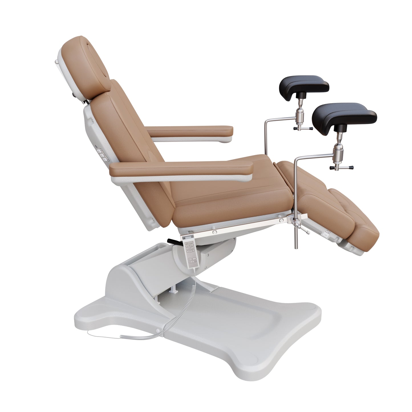 Spa Numa OB-GYN electric swivel treatment chair with adjustable backrest, leg rest, 240-degree rotation, surgical-grade stainless steel stirrups, and removable armrests for medical and esthetic use.