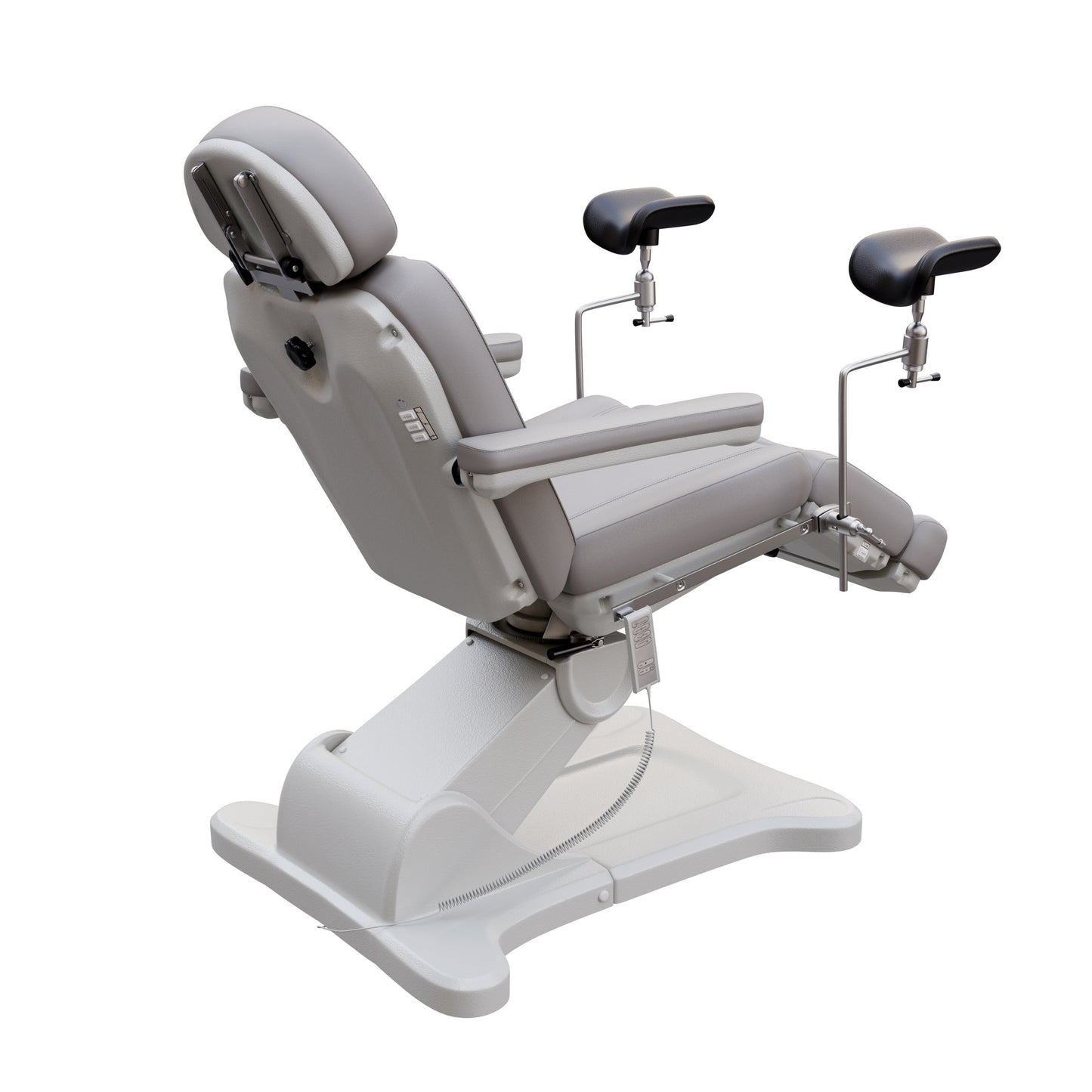 Fully electric Spa Numa OB-GYN swivel treatment chair with removable stainless-steel stirrups, extendable headrest, 240-degree rotation, and PU vinyl upholstery.