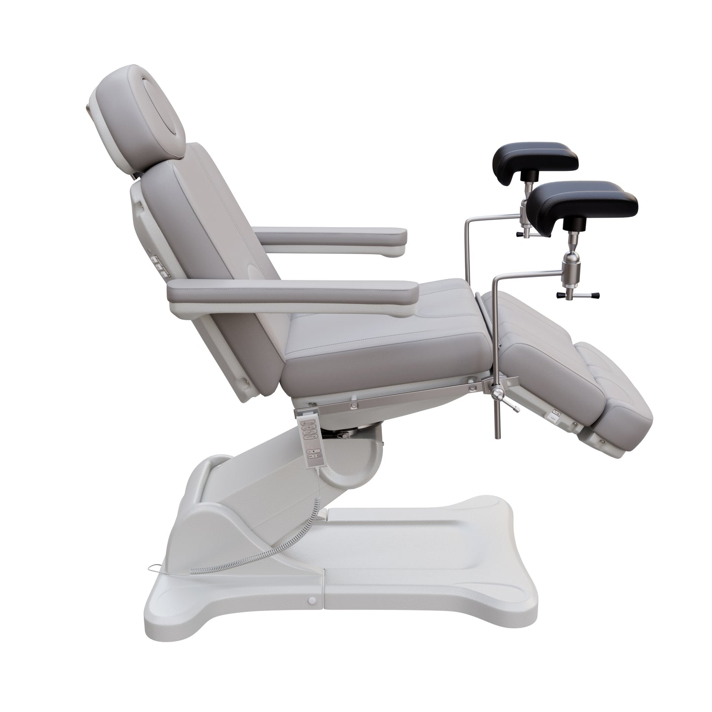 Fully electric Spa Numa OB-GYN swivel treatment chair with removable stainless-steel stirrups, extendable headrest, 240-degree rotation, and PU vinyl upholstery.