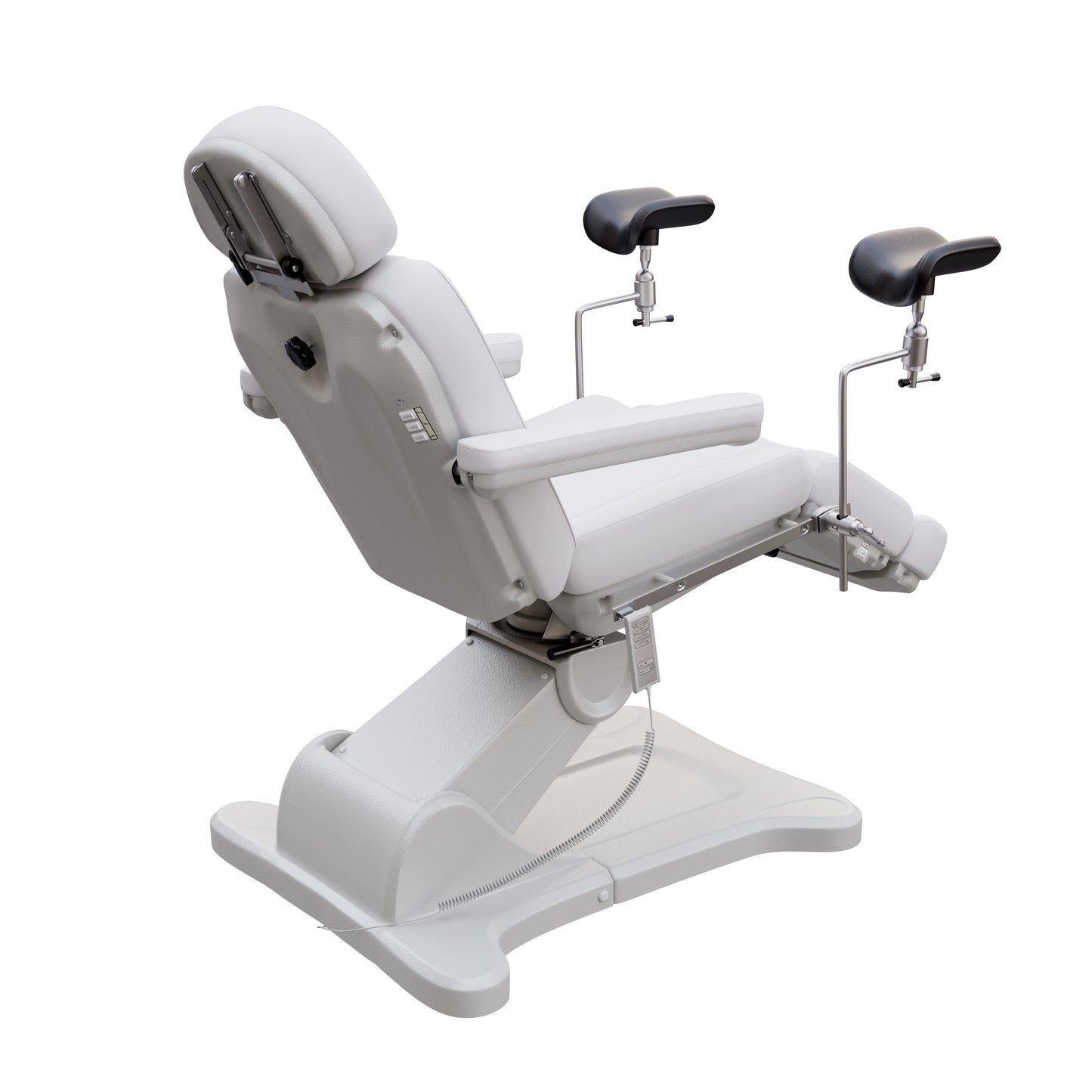 Fully electric OB-GYN exam and procedure table by Spa Numa with 240° swivel rotation, removable stirrups, adjustable headrest, and PU vinyl upholstery.