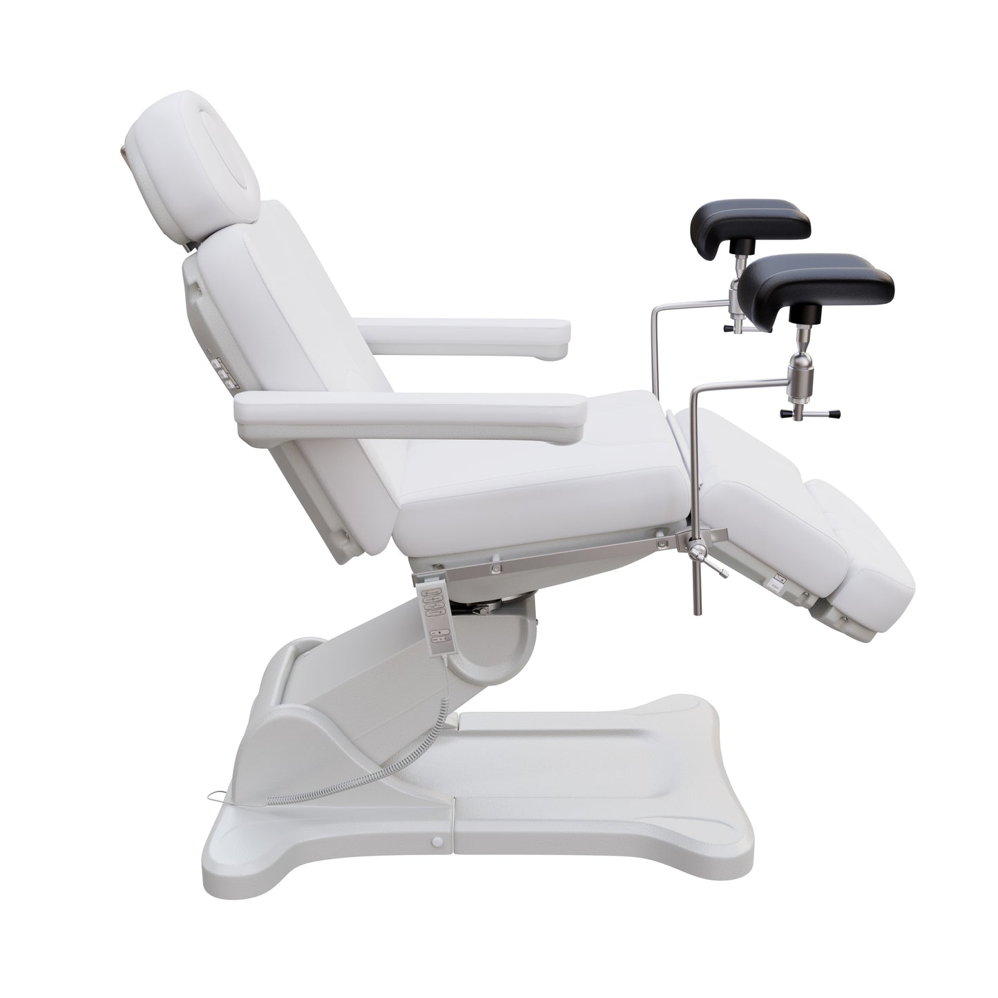 Fully electric OB-GYN exam and procedure table by Spa Numa with 240° swivel rotation, removable stirrups, adjustable headrest, and PU vinyl upholstery.