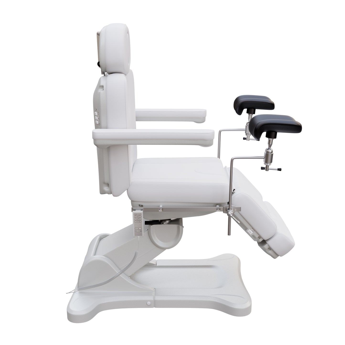 Fully electric OB-GYN exam and procedure table by Spa Numa with 240° swivel rotation, removable stirrups, adjustable headrest, and PU vinyl upholstery.