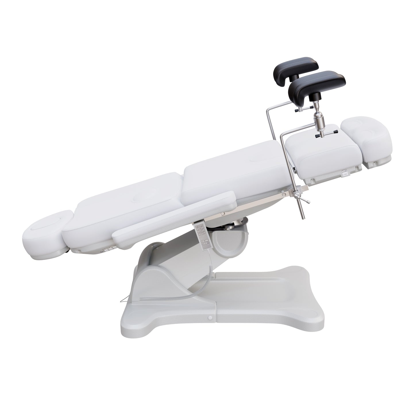 Fully electric OB-GYN exam and procedure table by Spa Numa with 240° swivel rotation, removable stirrups, adjustable headrest, and PU vinyl upholstery.