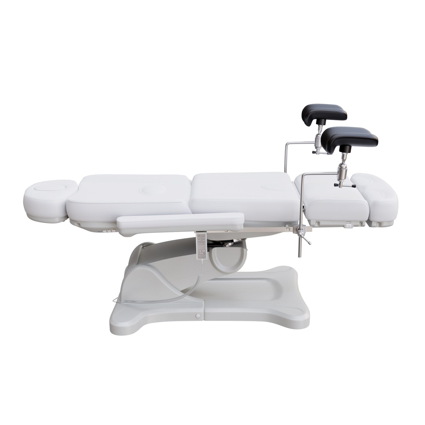 Fully electric OB-GYN exam and procedure table by Spa Numa with 240° swivel rotation, removable stirrups, adjustable headrest, and PU vinyl upholstery.