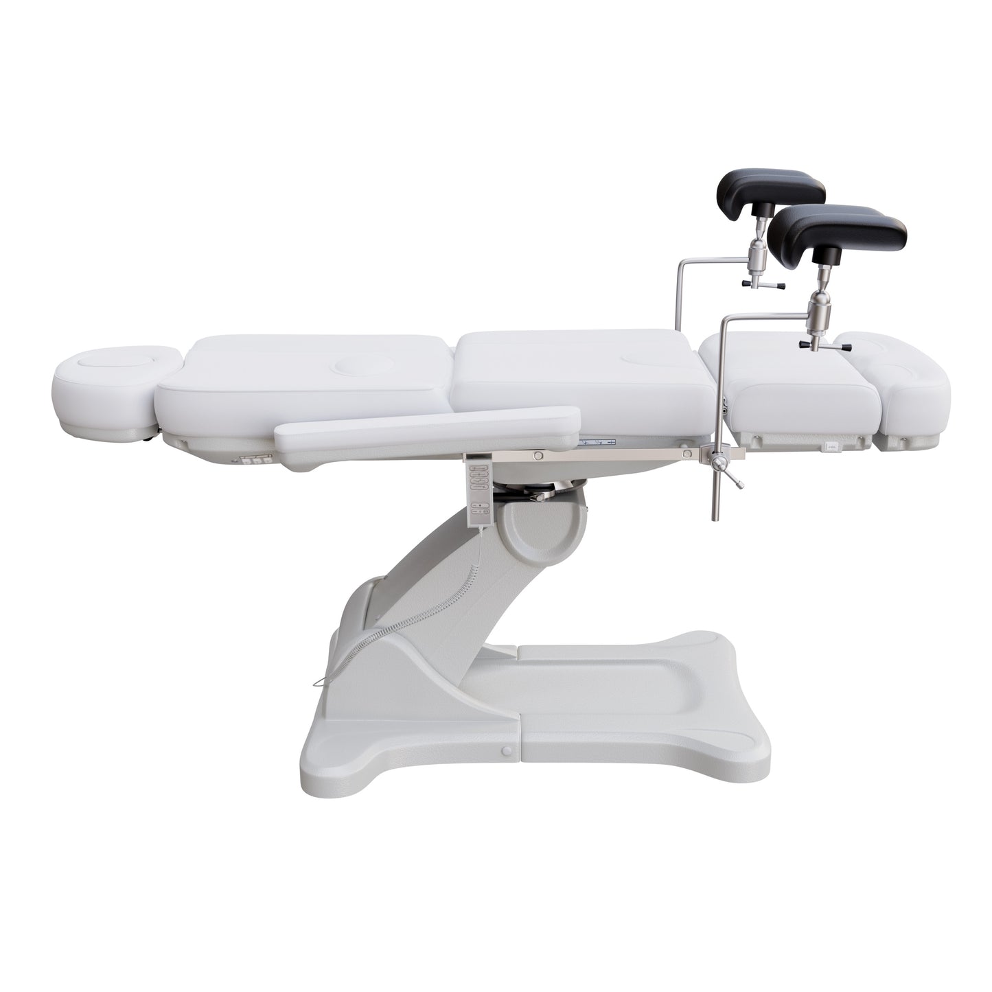 Fully electric OB-GYN exam and procedure table by Spa Numa with 240° swivel rotation, removable stirrups, adjustable headrest, and PU vinyl upholstery.