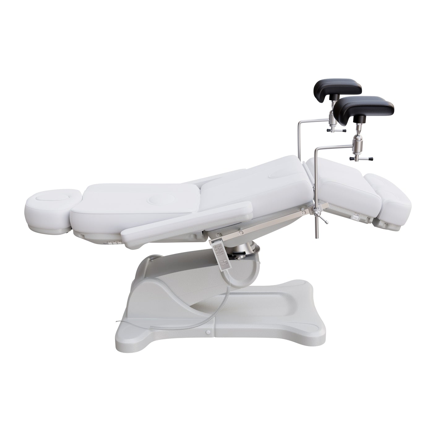 Fully electric OB-GYN exam and procedure table by Spa Numa with 240° swivel rotation, removable stirrups, adjustable headrest, and PU vinyl upholstery.