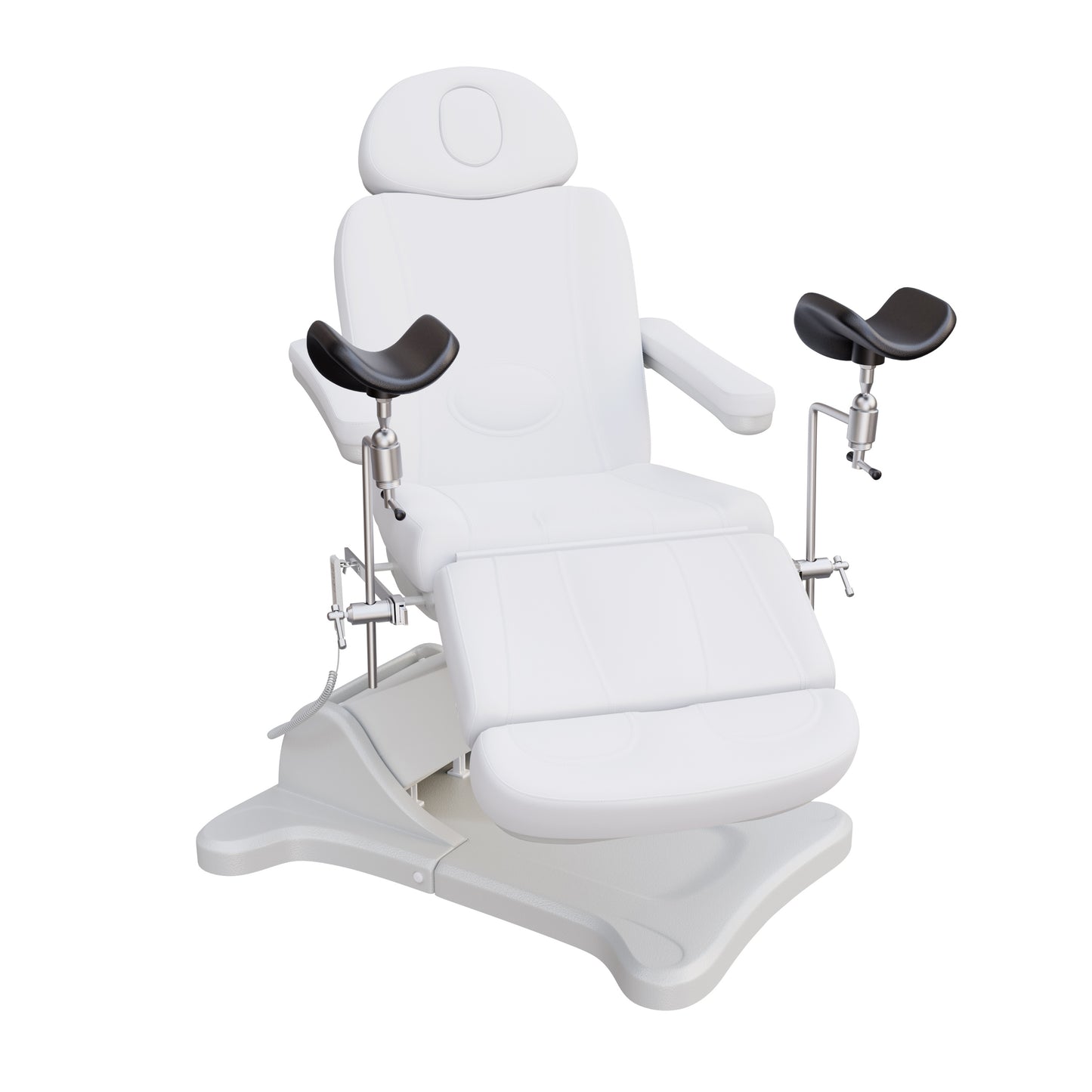 Fully electric OB-GYN exam and procedure table by Spa Numa with 240° swivel rotation, removable stirrups, adjustable headrest, and PU vinyl upholstery.