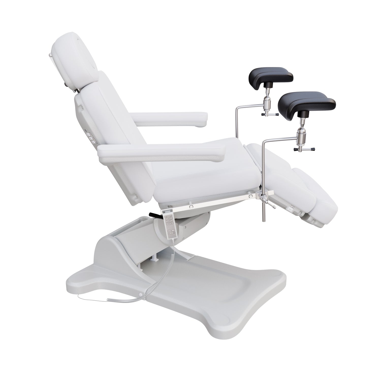 Fully electric OB-GYN exam and procedure table by Spa Numa with 240° swivel rotation, removable stirrups, adjustable headrest, and PU vinyl upholstery.