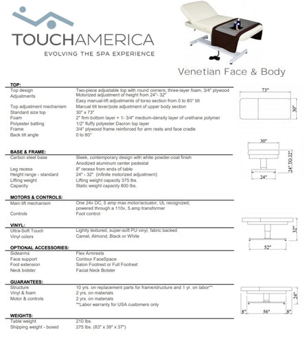 TouchAmerica Venetian Face & Body Treatment Table Information