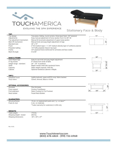 TouchAmerica Stationary Face and Body Treatment Table Information