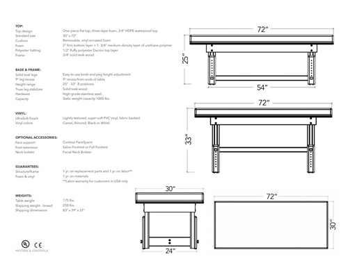 TouchAmerica Solterra Teak Massage Table Drawing