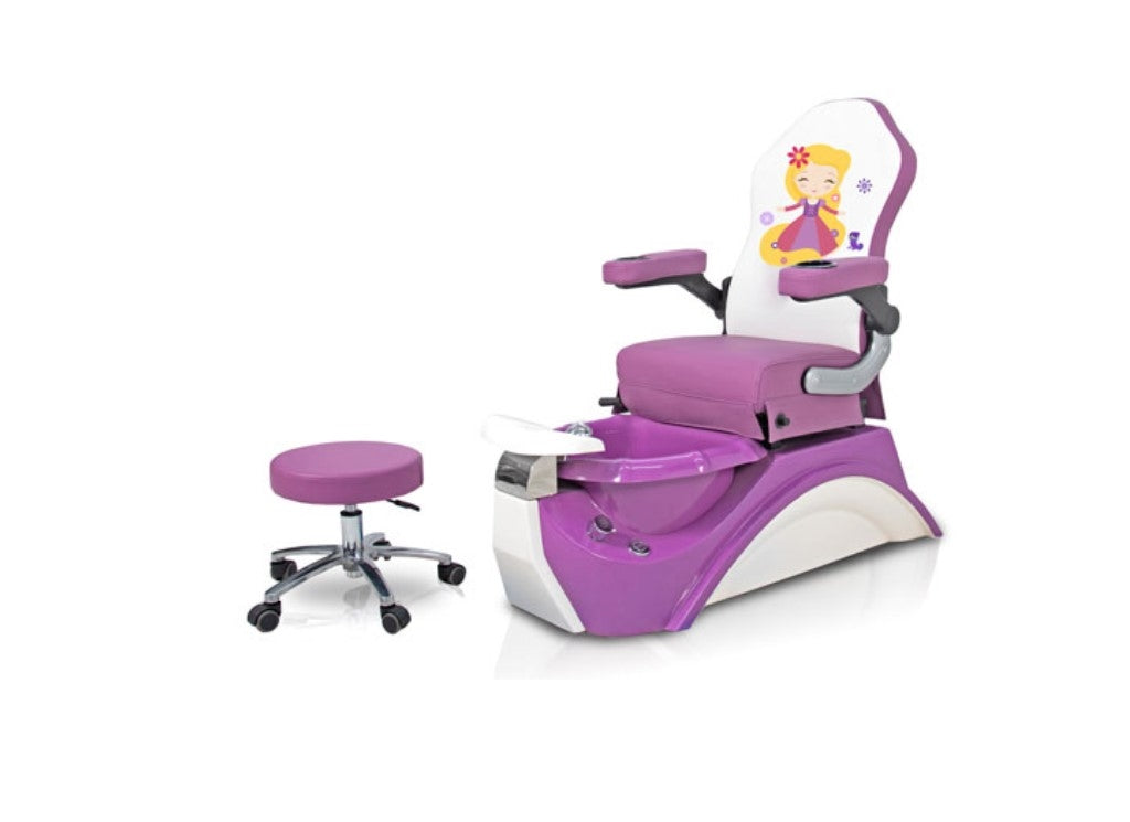 AYC Purple Rapunzel Kid's Pedicure Spa chair with child-friendly design, vibrant purple finish, and built-in footbath for salon pedicure services