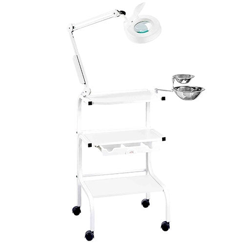 White rolling spa trolley table with drawers and storage compartments