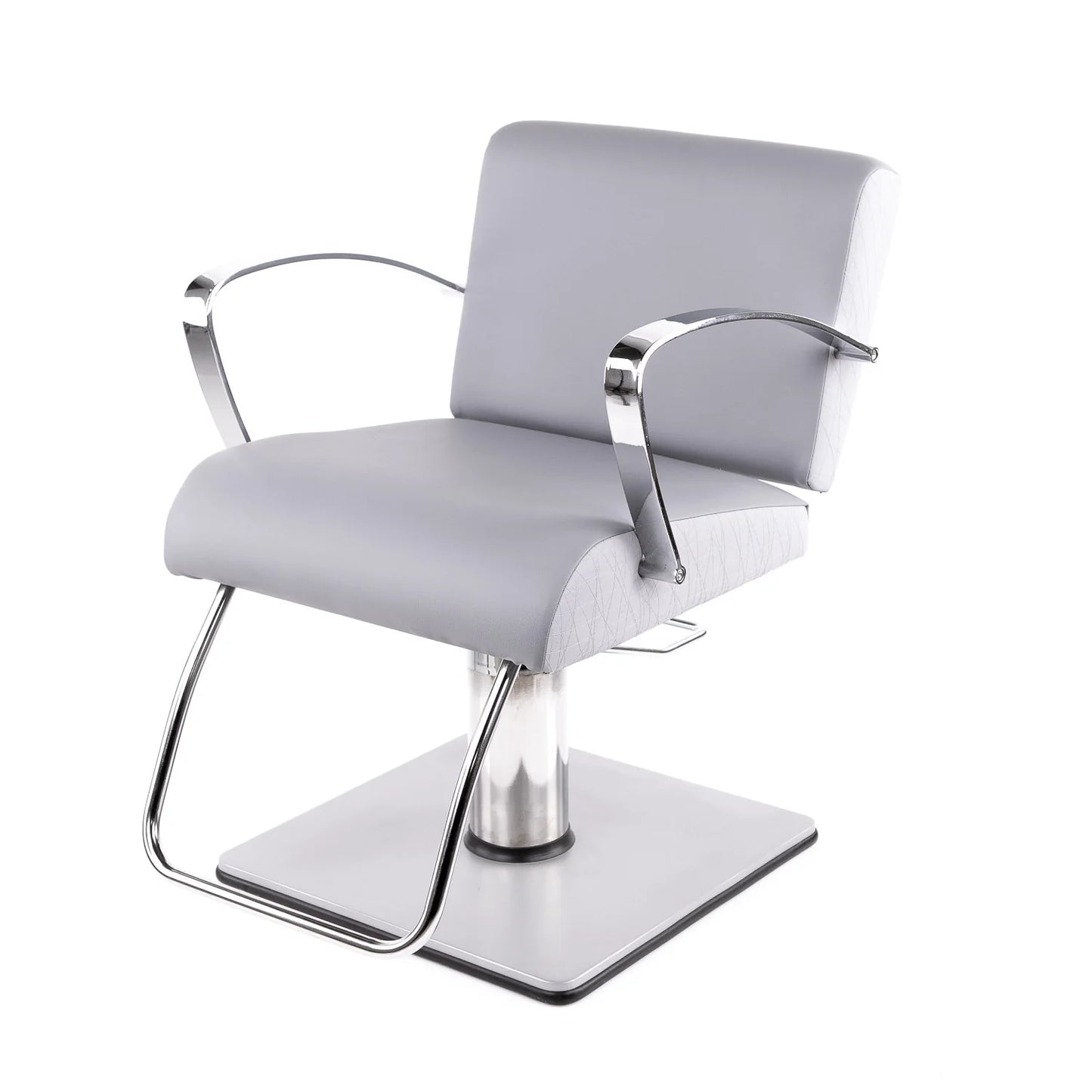 Gray salon chair with chrome frame on a white background