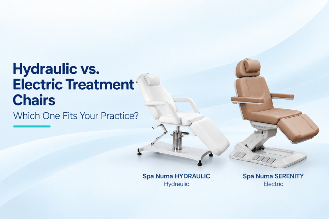 Spa Numa HYDRAULIC chair next to a Spa Numa SERENITY electric treatment chair