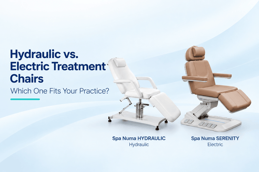 Spa Numa HYDRAULIC chair next to a Spa Numa SERENITY electric treatment chair