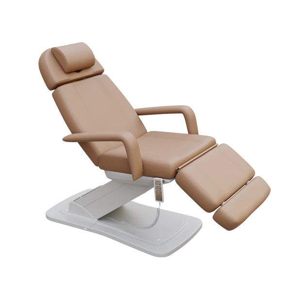 Brown adjustable medical treatment chair with padded headrest, armrests, and segmented leg support on an electric base.