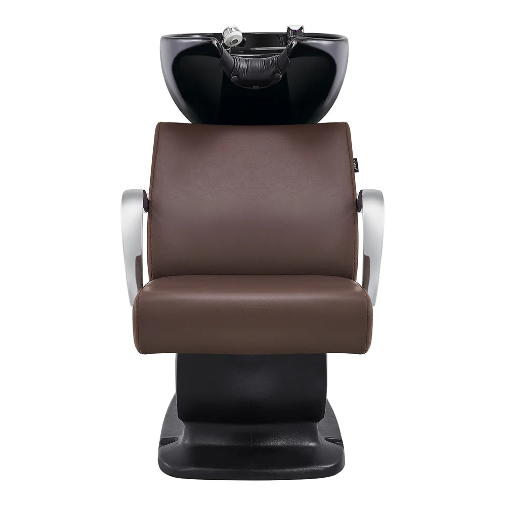 Brown hair washing chair with black basin on a white background