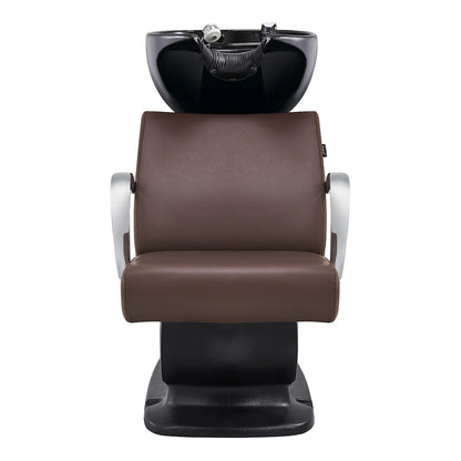 Brown hair washing chair with black basin on a white background