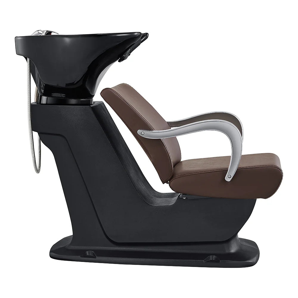 Hair washing chair with brown seat and black basin on a white background