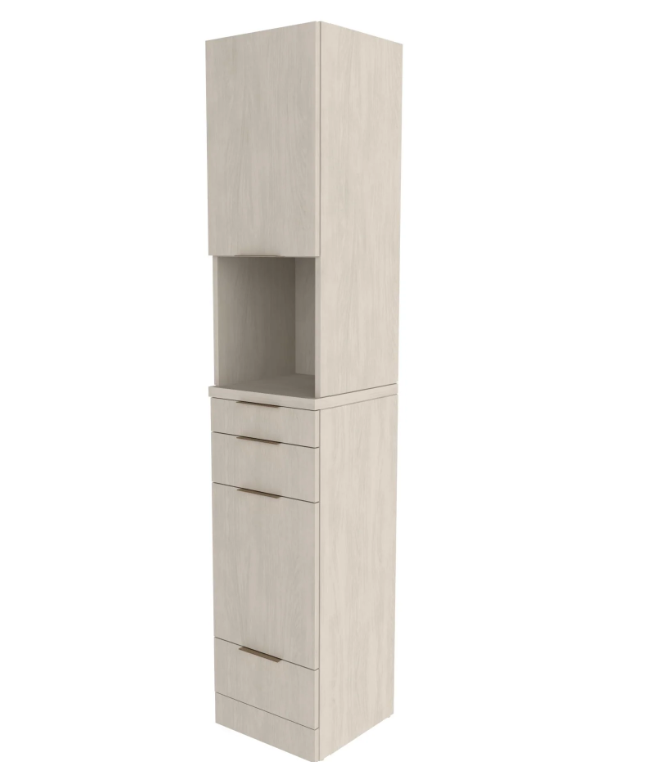 A tall, narrow storage cabinet with a light beige wood-grain finish, featuring a top display shelf and three drawers with slim metallic handles.