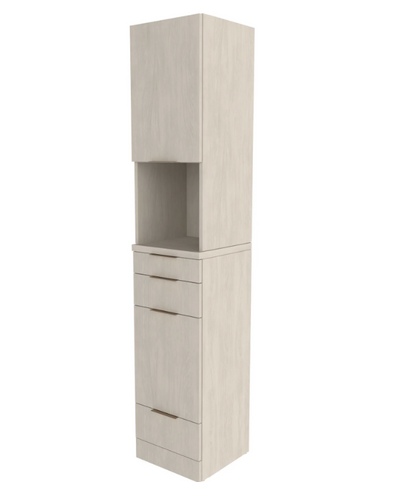 A tall, narrow storage cabinet with a light beige wood-grain finish, featuring a top display shelf and three drawers with slim metallic handles.