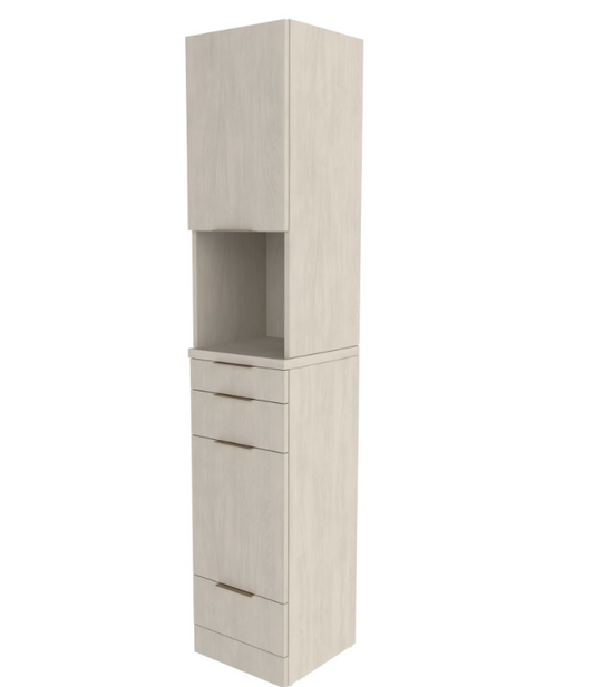 A tall, narrow storage cabinet with a light beige wood-grain finish, featuring a top display shelf and three drawers with slim metallic handles.