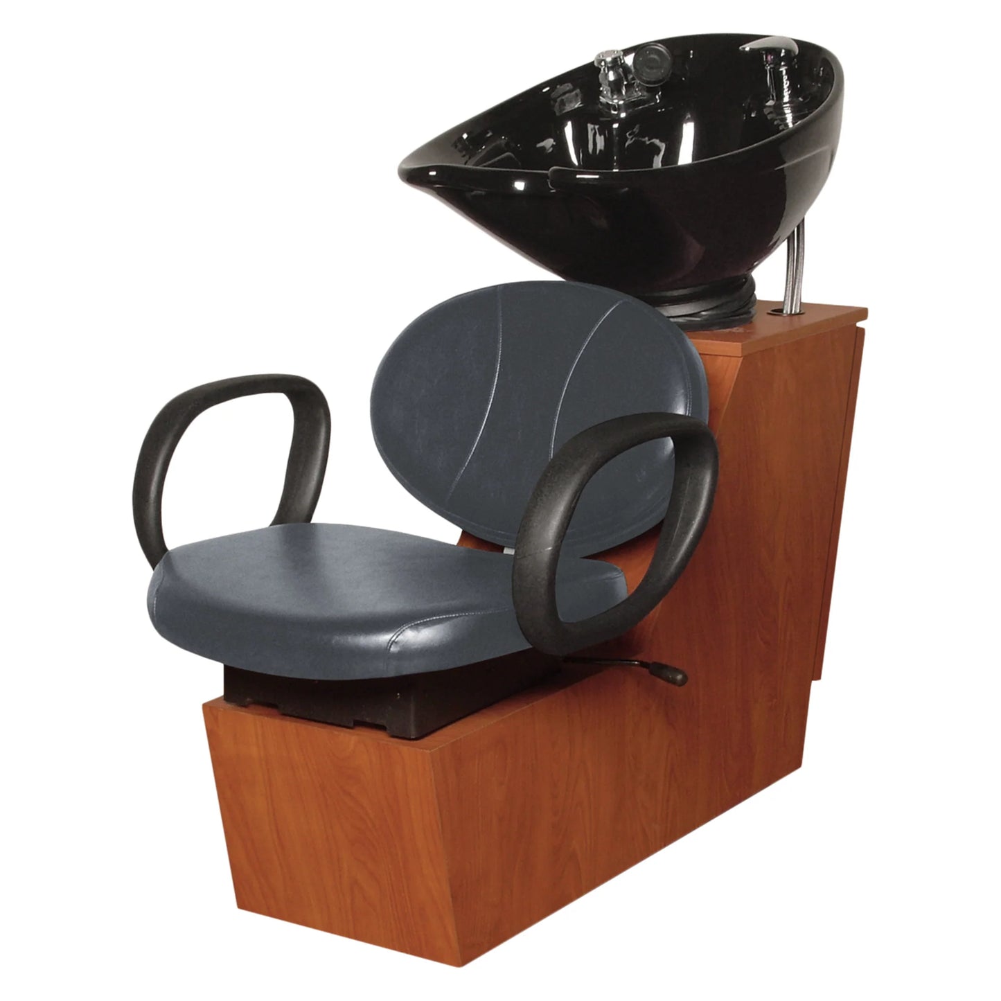 Hair washing station with black chair and bowl on a white background