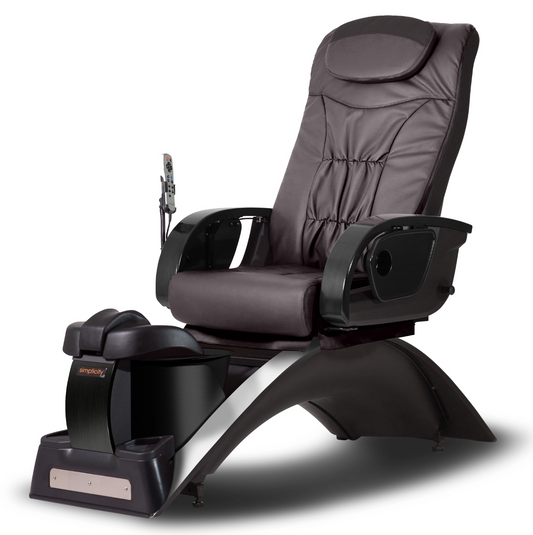A dark brown faux-leather pedicure spa chair with a matching foot basin, shown on a clean white background.