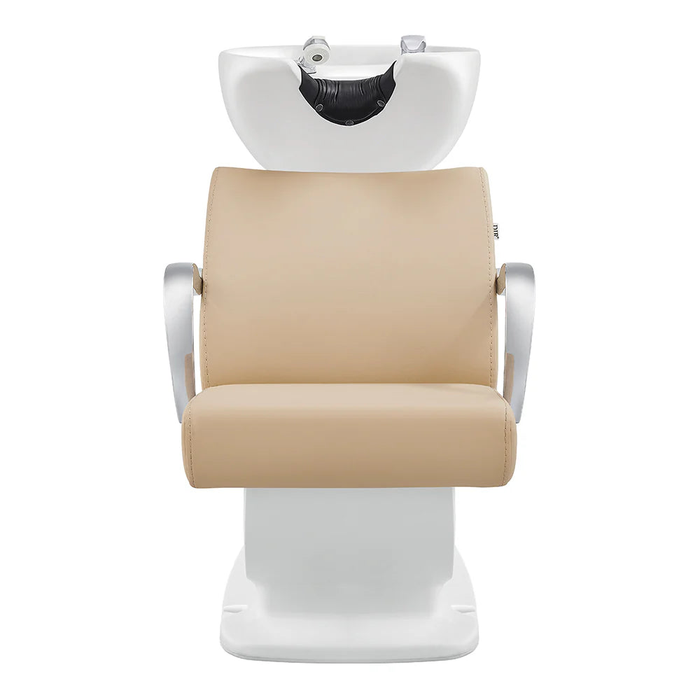 Beige salon chair with white base on a white background