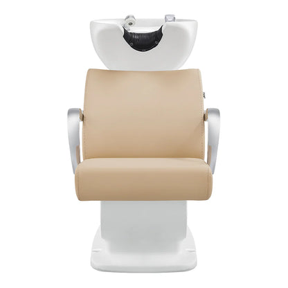 Beige salon chair with white base on a white background