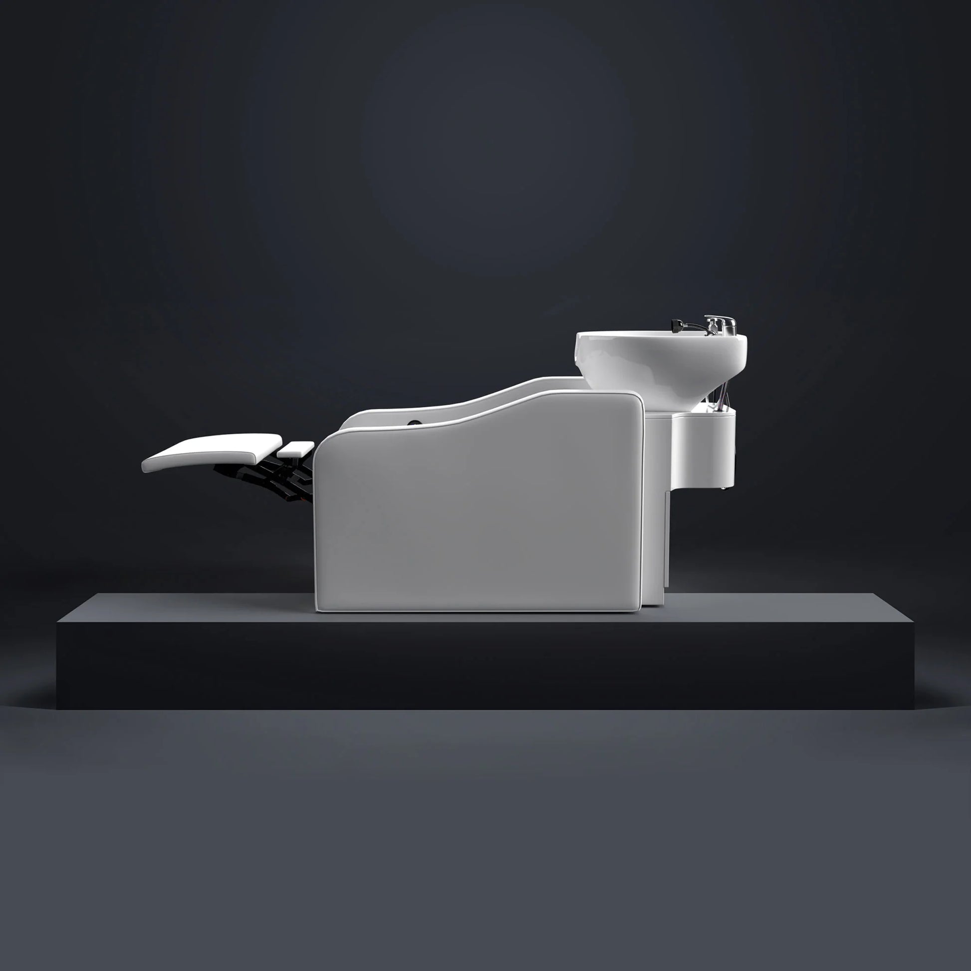 Modern hair washing station with chair on a dark background