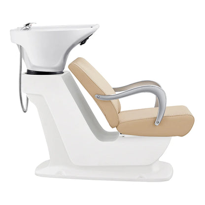 White hair washing chair with beige seat on a white background