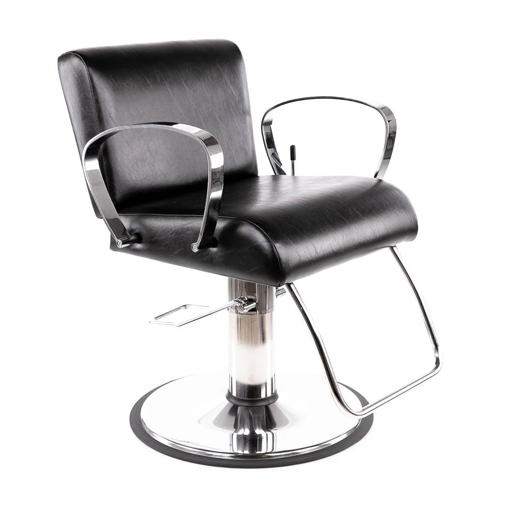 Black salon chair with chrome base on a white background