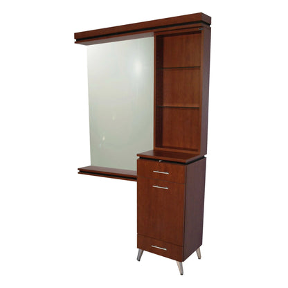 Wooden cabinet with mirror and shelves on a white background