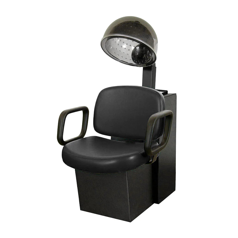 Black hairdressing chair with a lamp on a white background