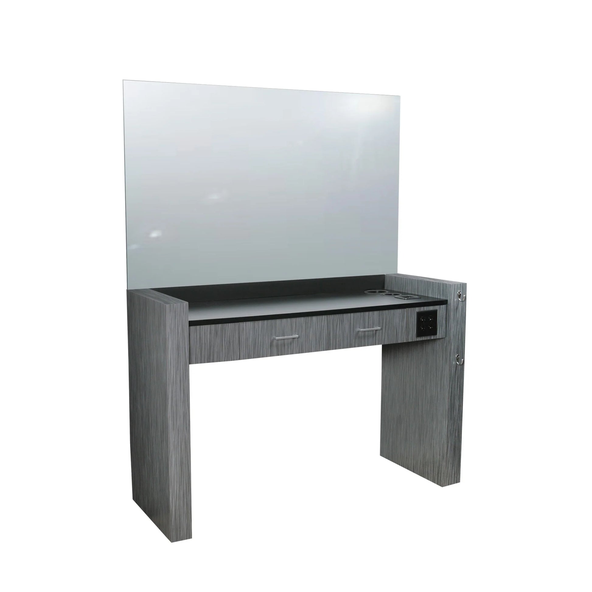 Gray vanity with mirror on a white background