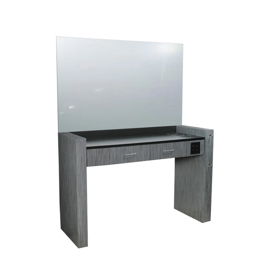 Gray vanity with mirror on a white background