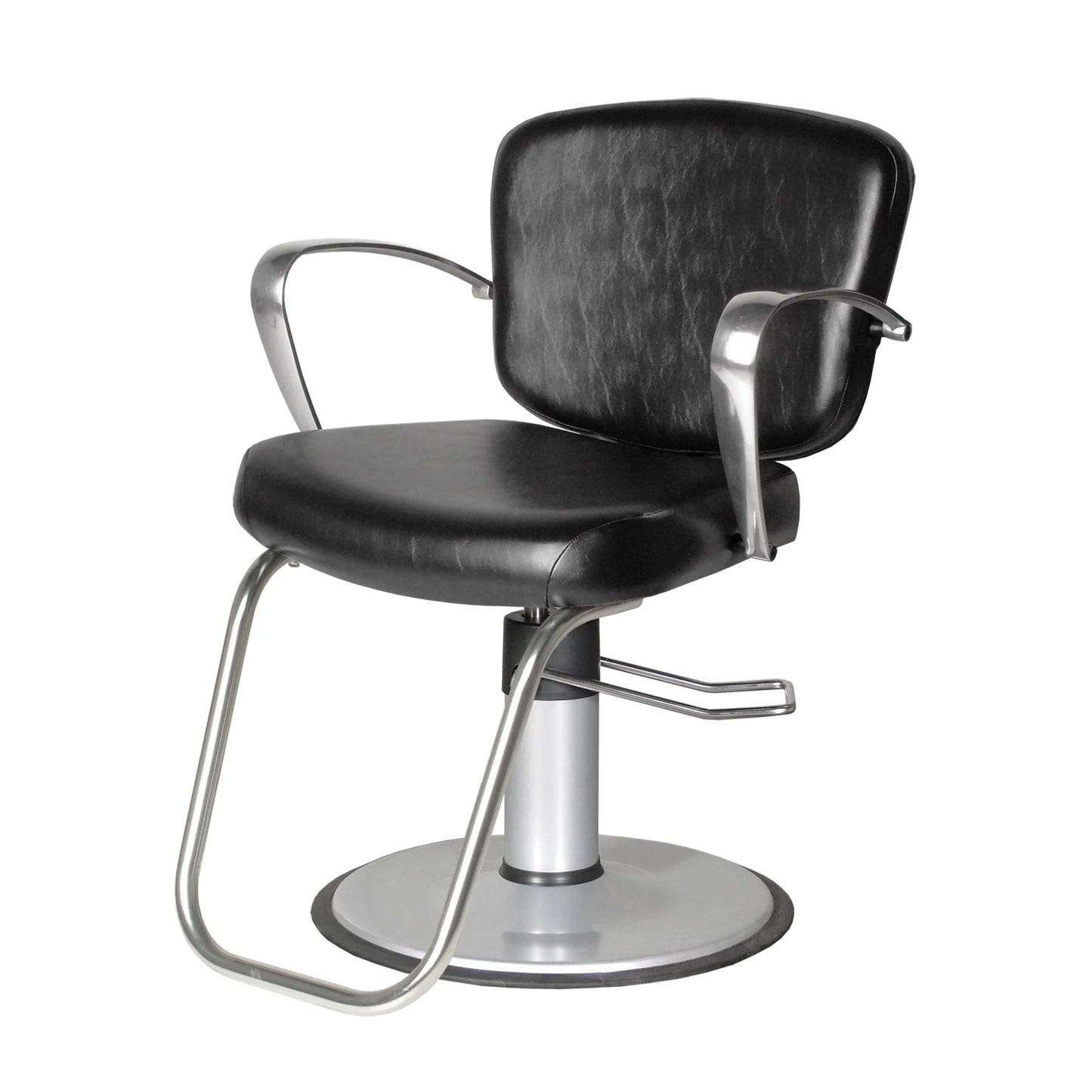Black salon chair with silver frame on a white background