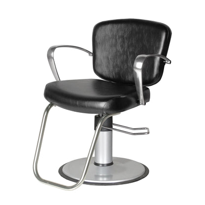 Black salon chair with silver frame on a white background