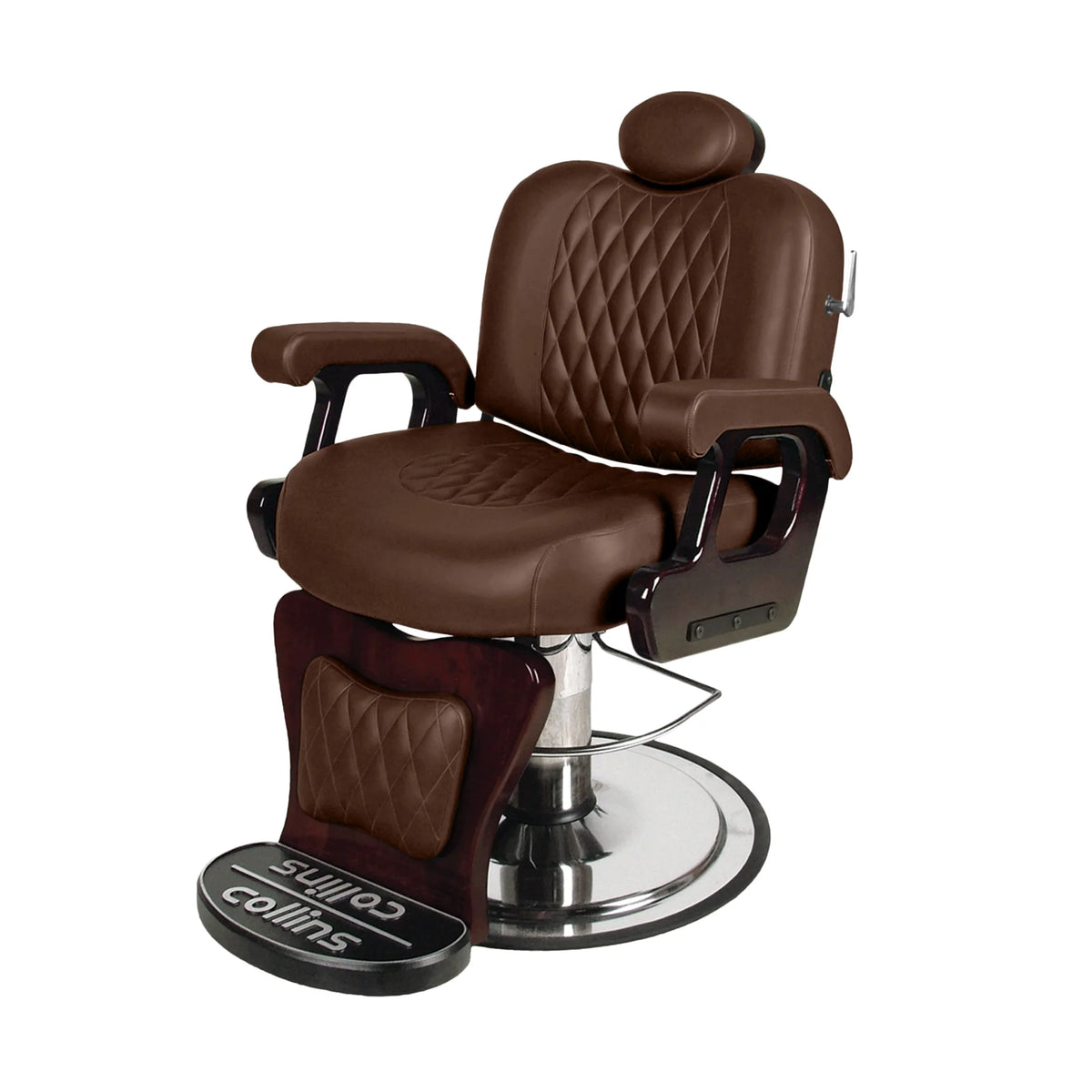 Brown barber chair with quilted design on a white background.