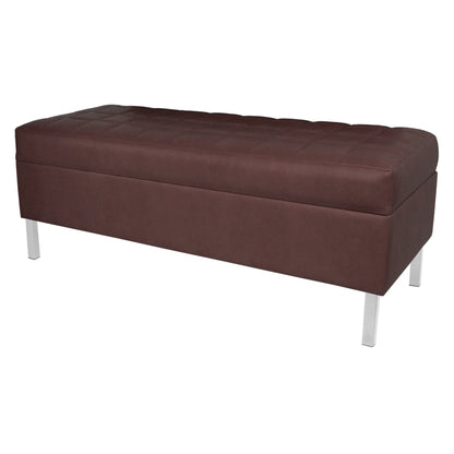 Brown leather storage bench with white legs on a white background