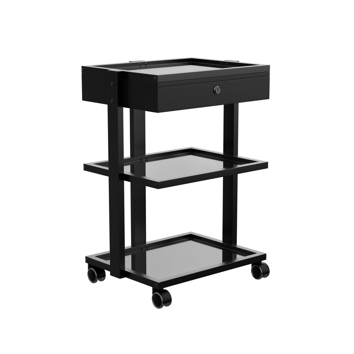 Spa Numa ABEL DELUXE Beauty Trolley with Locking Drawer and 3 Black Tempered Glass Shelves – Mobile Spa Cart for Salons with Caster Wheels and Magnifying Lamp Holder